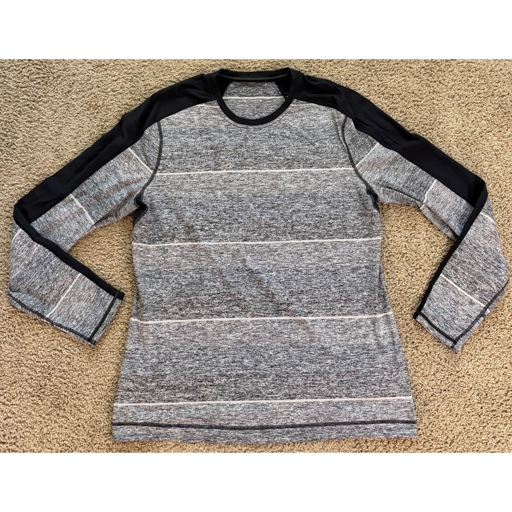Lululemon Velocity Crew Hyper Stripe Long Sleeve Running Shirt Mens Grey Black
